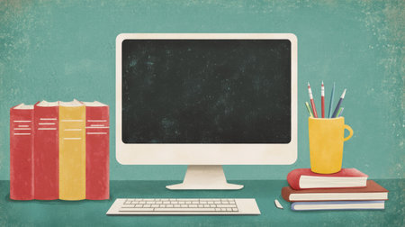 Educational illustration featuring a desktop computer, textbooks, and writing tools on a work tableの素材