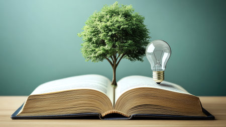 Educational illustration with school book, lightbulb, and learning tree growing from pagesの素材