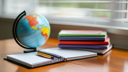 Educational study environment with a globe, stack of textbooks, and planner on a traditional wooden deskの素材