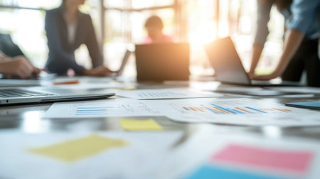 Group project zone with research outlines, shared laptop, and task breakdown sheet on the deskの素材