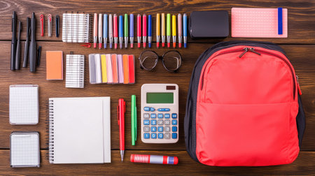 Flat lay of student backpack contents including notebooks, pens, calculator, and highlighters on a wooden deskの素材