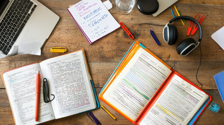 Flat lay of a language learning desk with dictionaries, flashcards, headphones, and writing toolsの素材