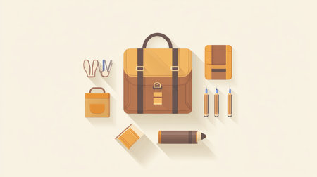 Educational student vector with backpack, stationery, and textbook icons in flat styleの素材