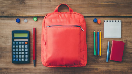 Flat lay of student backpack contents including notebooks, pens, calculator, and highlighters on a wooden deskの素材