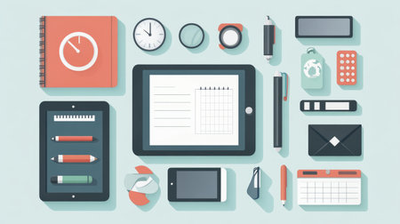 Flat vector of study tools including notebook, tablet, and calendar on light backgroundの素材
