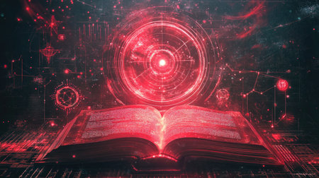 Flat illustration of open book with glowing pages surrounded by magical symbols and starsの素材