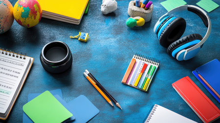 Flat lay of a language learning desk with dictionaries, flashcards, headphones, and writing toolsの素材