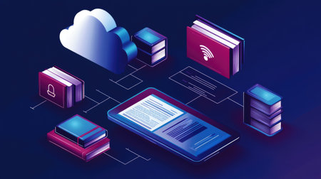 Illustration of remote learning tools with digital tablet, cloud icons, and books floating aroundの素材