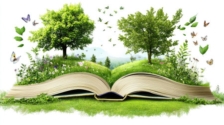 Hand-drawn illustration of an open book with nature scenes sprouting from its pagesの素材