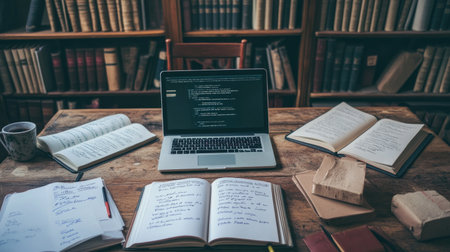 Laptop, textbook, and handwritten essay notes on a student's desk for a writing assignmentの素材