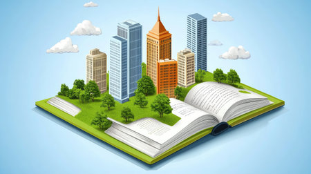Isometric illustration of book with tiny D city buildings emerging from pagesの素材
