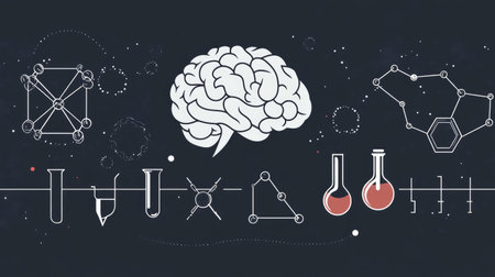 Illustration of scientific discovery with brain icon, chemical structures, and lab toolsの素材