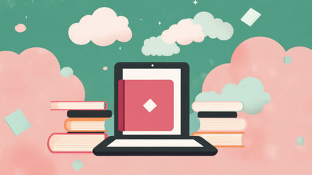 Illustration of remote learning tools with digital tablet, cloud icons, and books floating aroundの素材