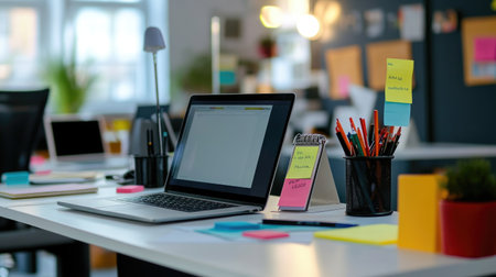 Multiple laptops, notebooks, and sticky notes on a large desk set up for group academic discussionの素材