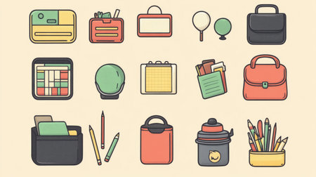 Hand-drawn style vector icons of classroom supplies and student learning materialsの素材