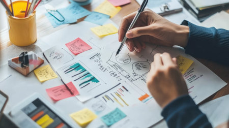 Notebook showing creative mind maps, charts, and highlighted study material for visual learnersの素材