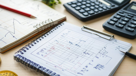Math study setup with graph paper, calculator, compass, ruler, and detailed equations in notesの素材
