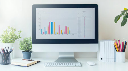 Home study area with a large monitor, reference books, and tidy workspace ready for online learningの素材