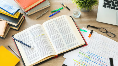 High-angle view of study area with academic books and neatly highlighted class notes in preparation for examsの素材