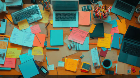 Long desk filled with colorful stationery, laptops, and written summaries prepared for a study groupの素材