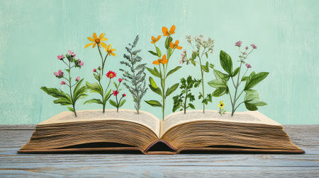 Hand-drawn illustration of an open book with nature scenes sprouting from its pagesの素材