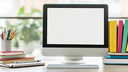 Home study area with a large monitor, reference books, and tidy workspace ready for online learningの素材