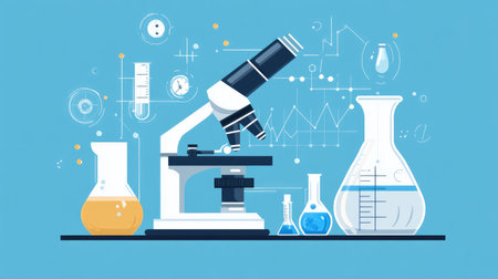 Illustration of scientific research with microscope, chemical flasks, and data chartsの素材