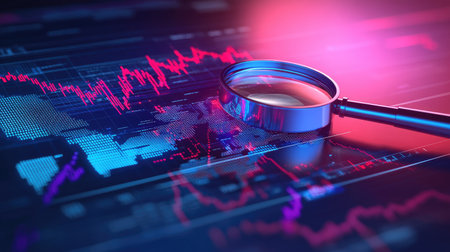 Market trend analysis illustration with magnifier, financial graph, and world mapの素材