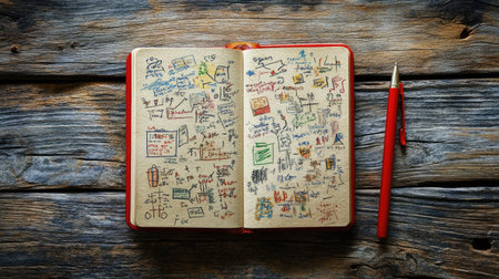 Hand-drawn notes and subject-specific study guides spread out on wooden backgroundの素材