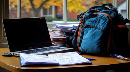 Laptop, textbook, and handwritten essay notes on a student's desk for a writing assignmentの素材