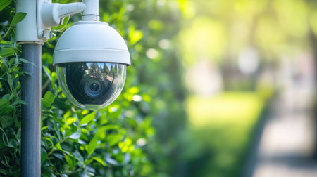 Modern security camera installed on lamppost in green public park with trimmed grass and no people visible, daytime monitoringの素材