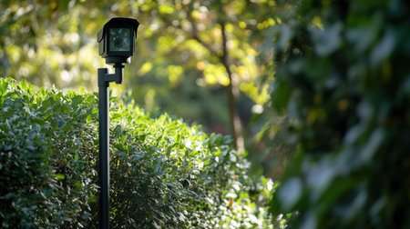 Modern CCTV camera close-up on metal pole surrounded by green shrubs in public park with no people visible, bright sunny dayの素材