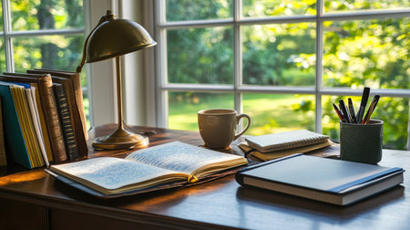 Home study desk with notebooks, study guide, lamp, and cup of coffee in a peaceful atmosphereの素材