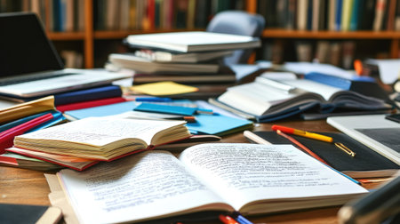 Long desk filled with colorful stationery, laptops, and written summaries prepared for a study groupの素材