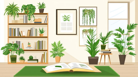 Modern reading corner illustration with shelves, indoor plants, and open novel on a tableの素材