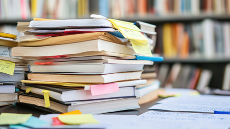 Literature books stacked with highlighted pages, group notes, and discussion sheets on a study tableの素材