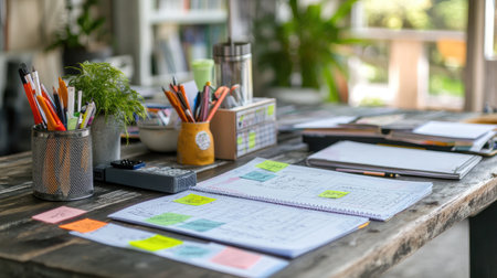 Multi-student table with sticky notes, revision sheets, and overlapping resources for joint learningの素材