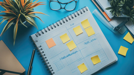 Stationery items, school textbooks, and post-it notes placed beside a student's daily plannerの素材