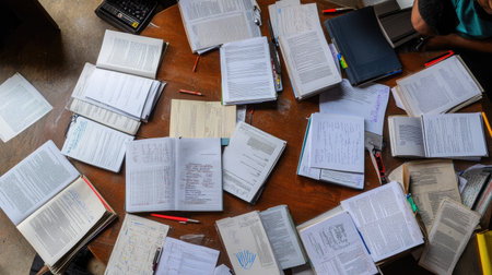 Open textbooks, shared notes, and stationery arranged in a circle on a table for collaborative group studyの素材