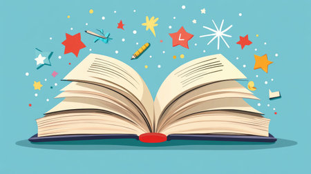 Reading-themed poster illustration with quote space, open book, and visual elementsの素材