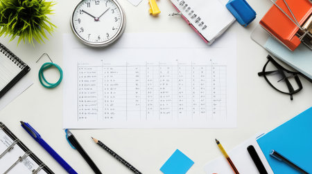 Student workspace with time-blocked schedule, writing tools, and reference books on a white deskの素材