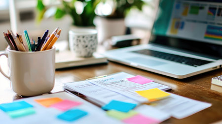 Printed study plan with weekly goals, checklist, and subject breakdown on study deskの素材