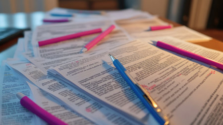 Shared literature review setup with printed chapters, sticky annotations, and topic outlinesの素材