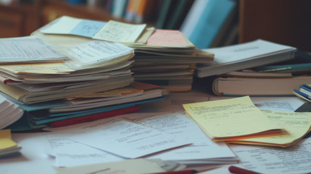 Student exam prep layout with multiple textbooks, revision cards, and a checklist on a white deskの素材