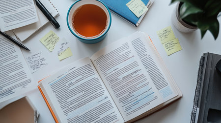 Open textbooks, sticky notes, and study guides laid out on a bright study table with a cup of teaの素材