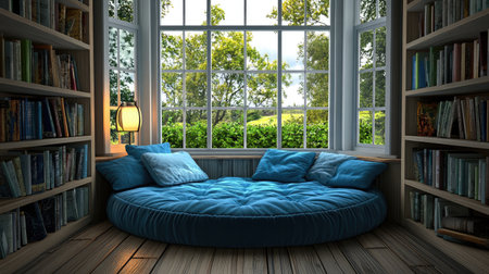 Reading nook with floor cushion, stack of books, and soft lamp light ready for quiet studyの素材