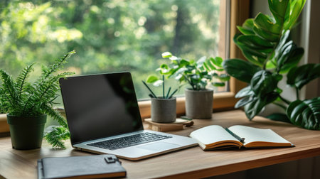 Peaceful corner desk with laptop, open notebook, and green plants surrounding a self-study environmentの素材
