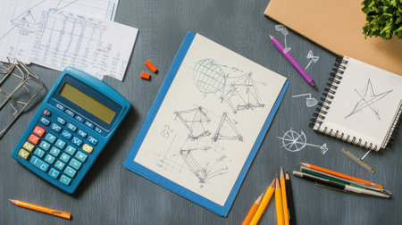 Student desk with printed math study guide, calculator, and geometric sketchesの素材