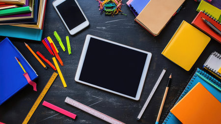 School-themed flat lay with books, ruler, notebooks, and digital tablet for modern academic studyの素材