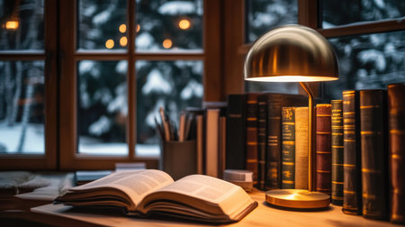 Study area featuring open literature books, bookmarks, and a vintage desk lamp in a cozy cornerの素材